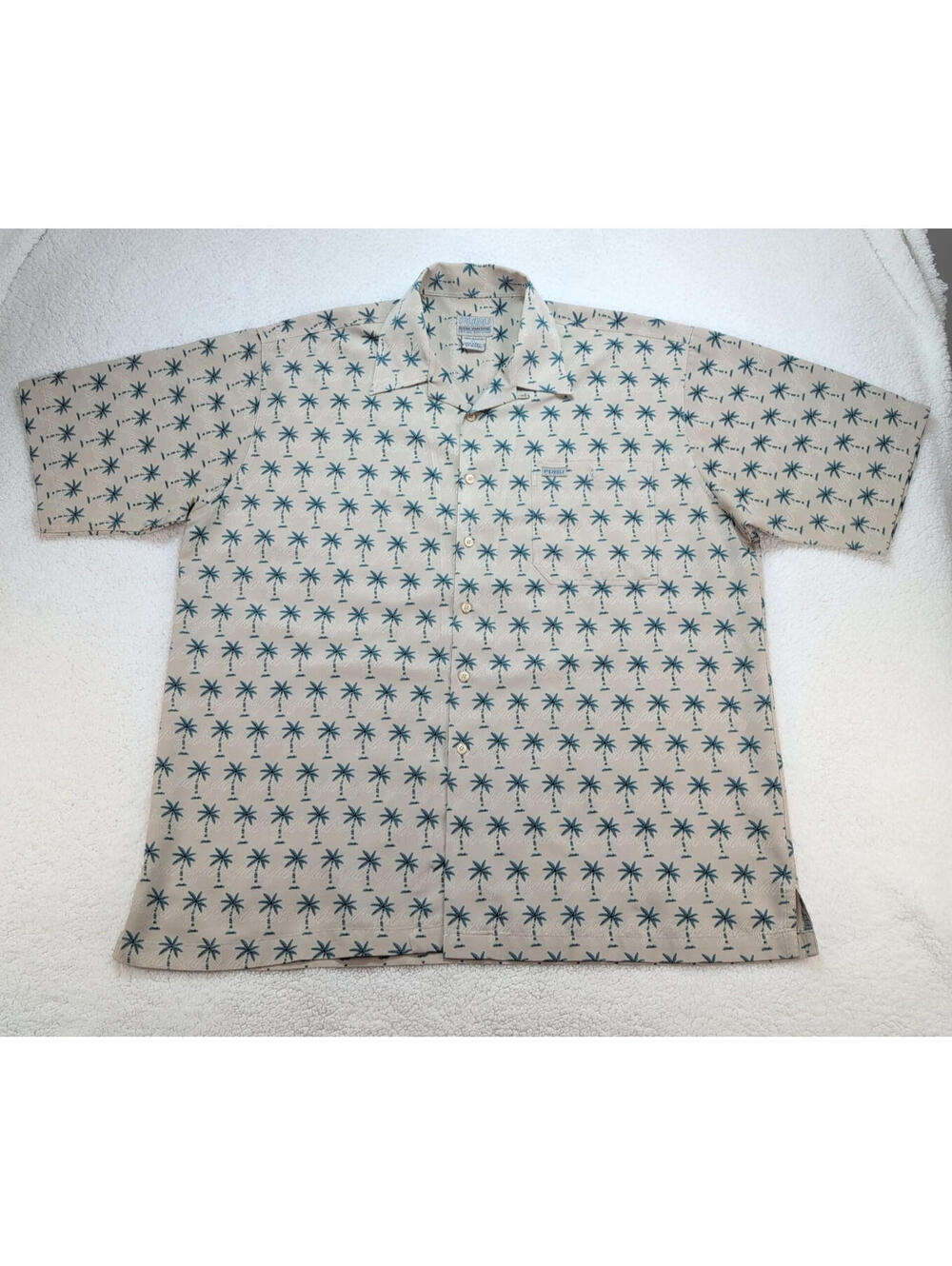 FUBU Men's XL Beige Palm Tree Shirt Tropical Vacation Button-Up All Over Print